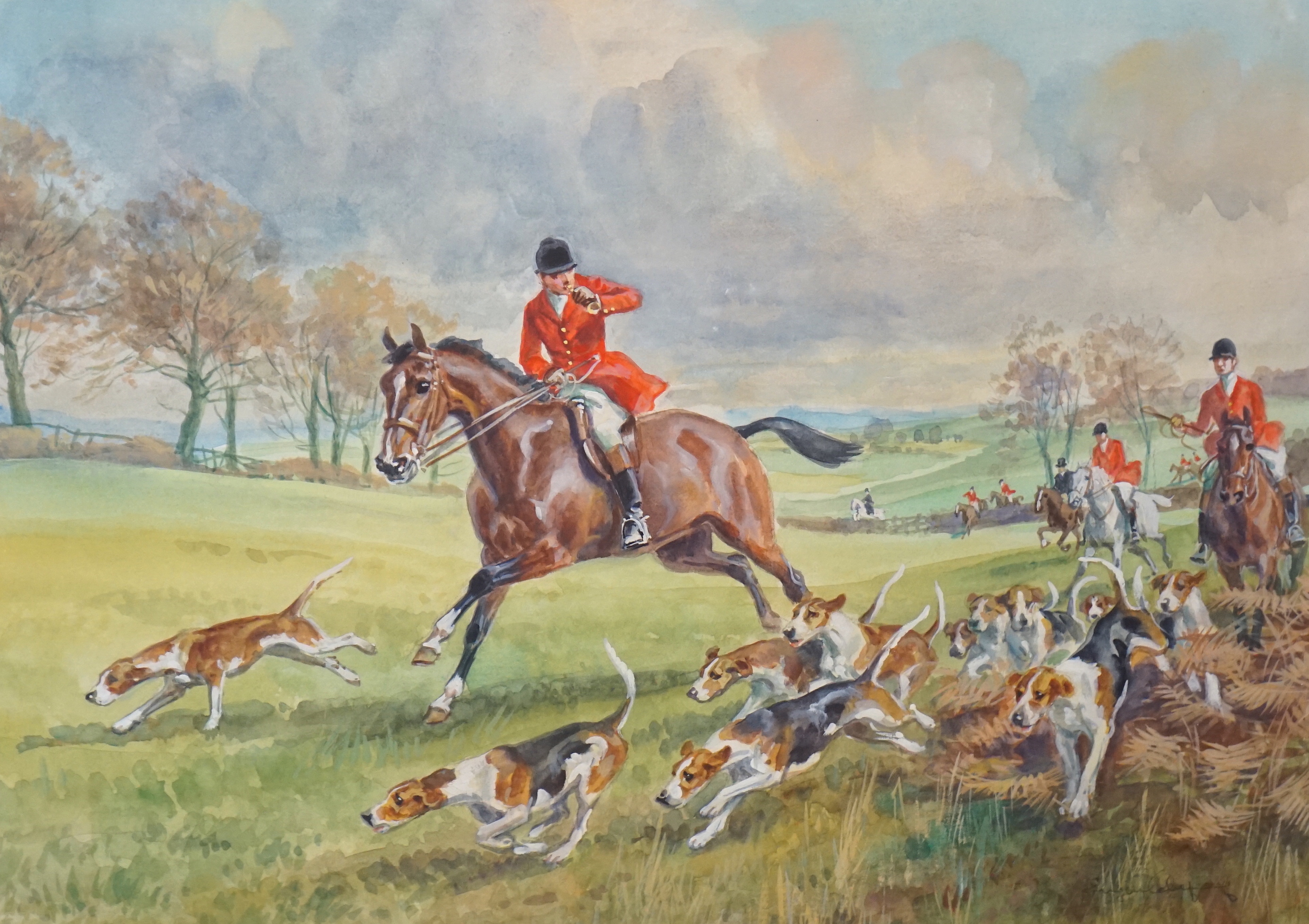 Set of four hunting interest watercolours, Huntsmen on horseback with hounds, each indistinctly signed, 26 x 36cm